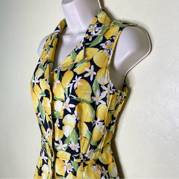 Mlle Gabrielle Lemon Print Yellow Black Halter A-line Midi Dress Size Small S - Picture 4 of 10